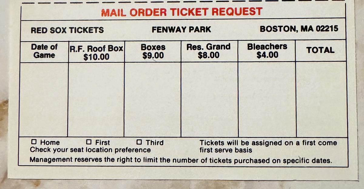 Vintage Red Sox mail order ticket request form for Fenway Park with pricing for different seating sections and blank rows for