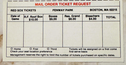 Vintage Red Sox mail order ticket request form for Fenway Park with pricing for different seating sections and blank rows for