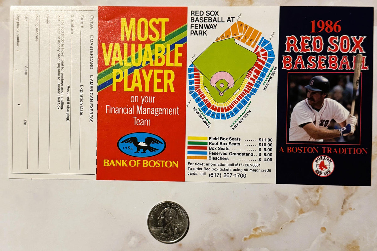 Vintage 1986 Red Sox baseball schedule and ticket order forms with Fenway Park seating diagram, Bank of Boston branding, and 