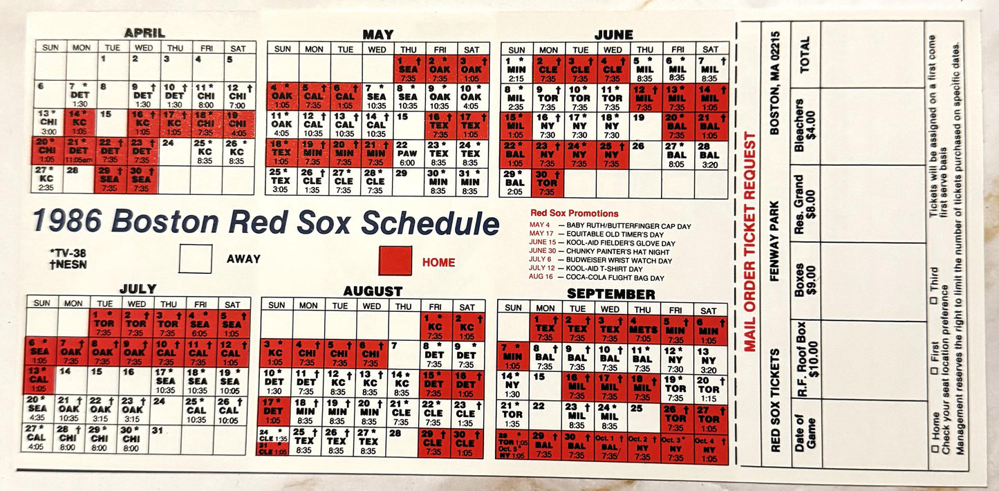 1986 Boston Red Sox schedule with red and white grid layout showing game dates, times, and promotional events; ticket order f