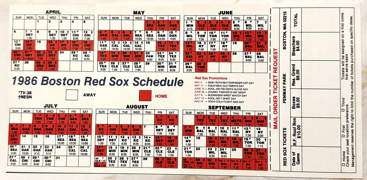 1986 Boston Red Sox schedule with red and white grid layout showing game dates, times, and promotional events; ticket order f