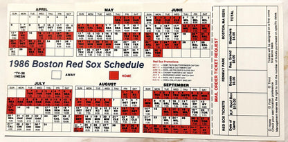 1986 Boston Red Sox schedule with red and white grid layout showing game dates, times, and promotional events; ticket order f