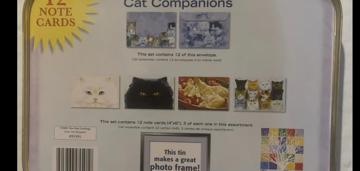 Retail base panel of the tin: 'Cat Companions' note card artwork previews, 'This tin makes a great photo frame!', copyright 2004 Tree-Free Greetings Keene NH, product #95591 with barcode.