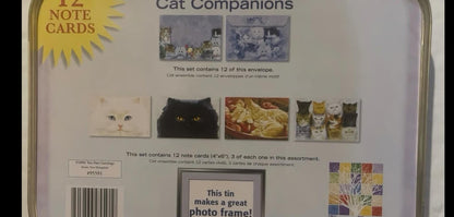 Retail base panel of the tin: 'Cat Companions' note card artwork previews, 'This tin makes a great photo frame!', copyright 2004 Tree-Free Greetings Keene NH, product #95591 with barcode.