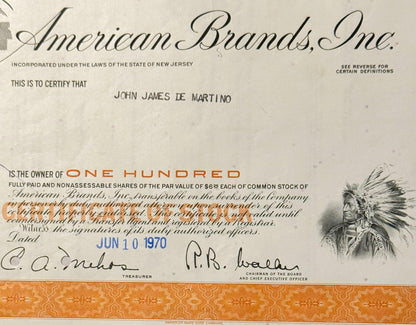 American Brands Inc stock certificate for 100 shares, featuring Native American chief vignette and signatures from treas