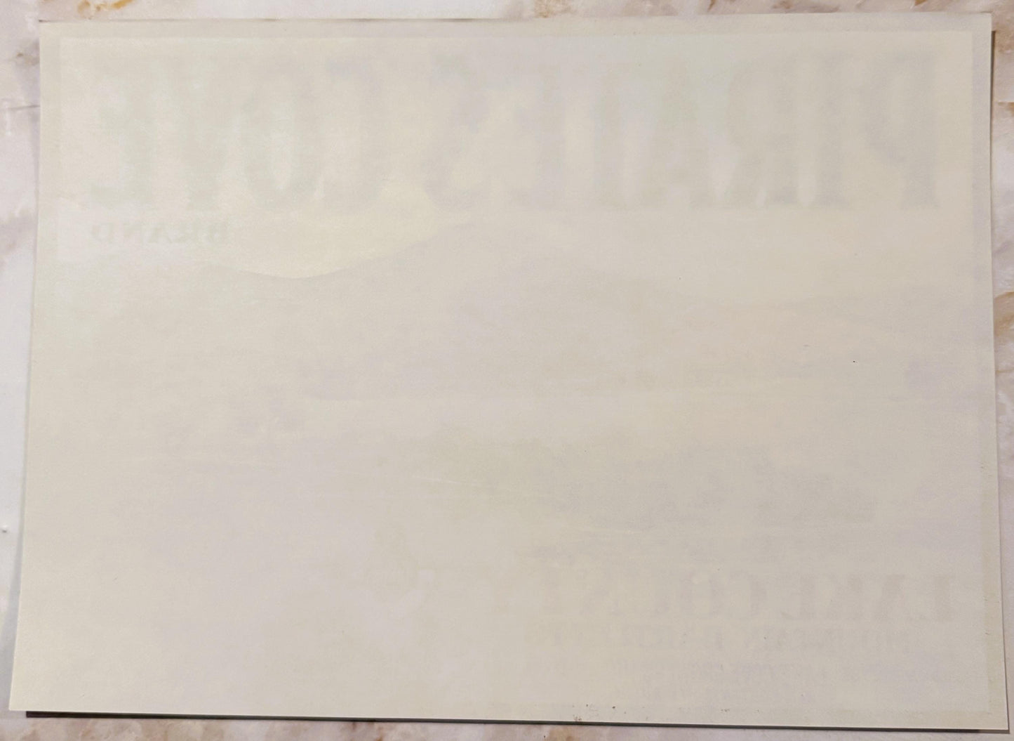 Blank cream-colored vintage fruit crate label with faint watermark, photographed flat against textured surface