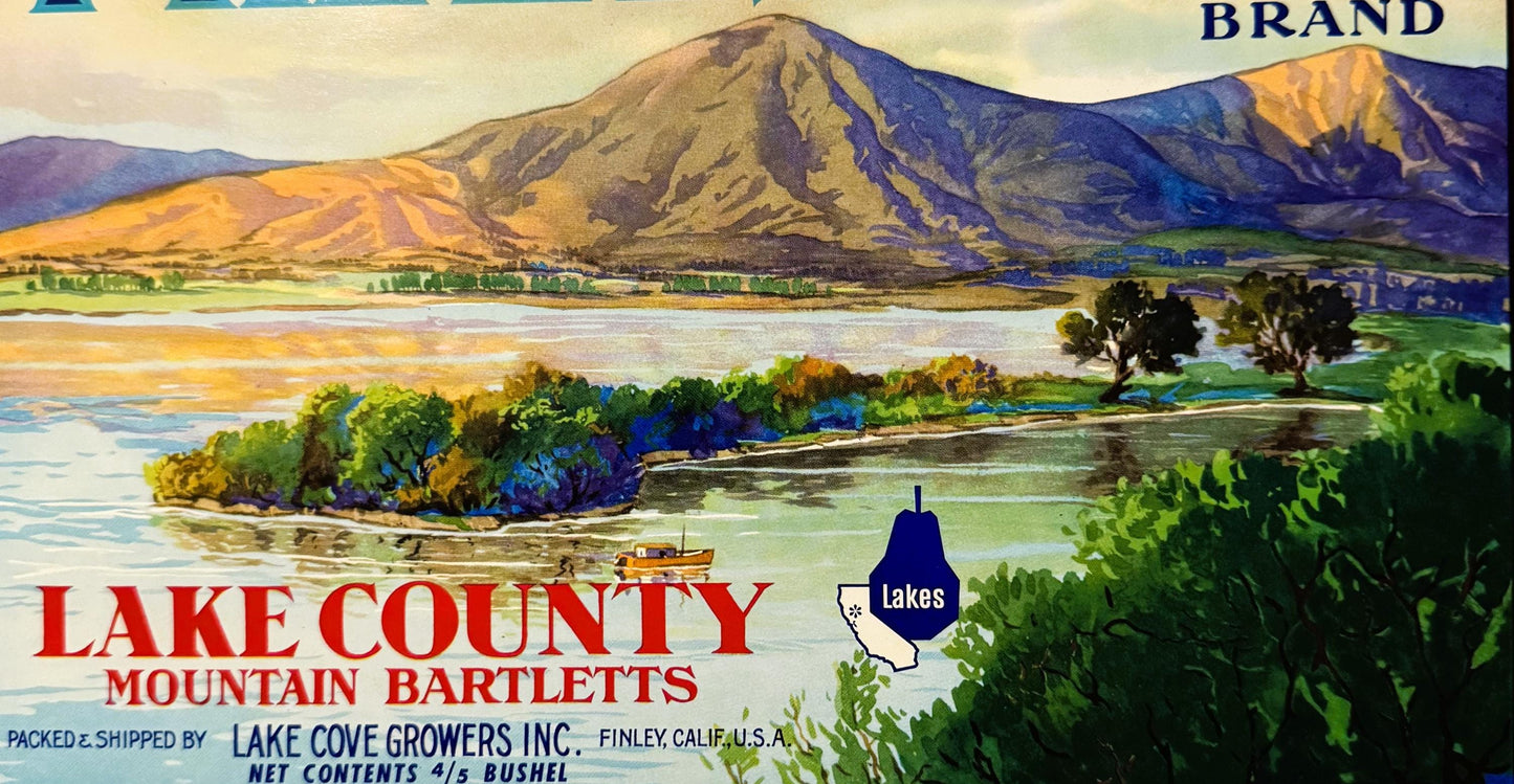 Vintage fruit crate label featuring mountain landscape with lake, trees, and small boat; red text reads "Lake County Mountain
