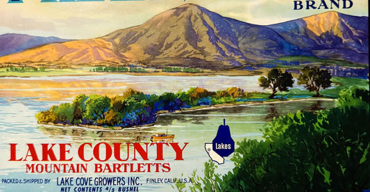Vintage 1950s Pirate's Cove Brand Mountain Bartletts Crate Label — Lake Cove Growers Inc., Finley Lake County CA
