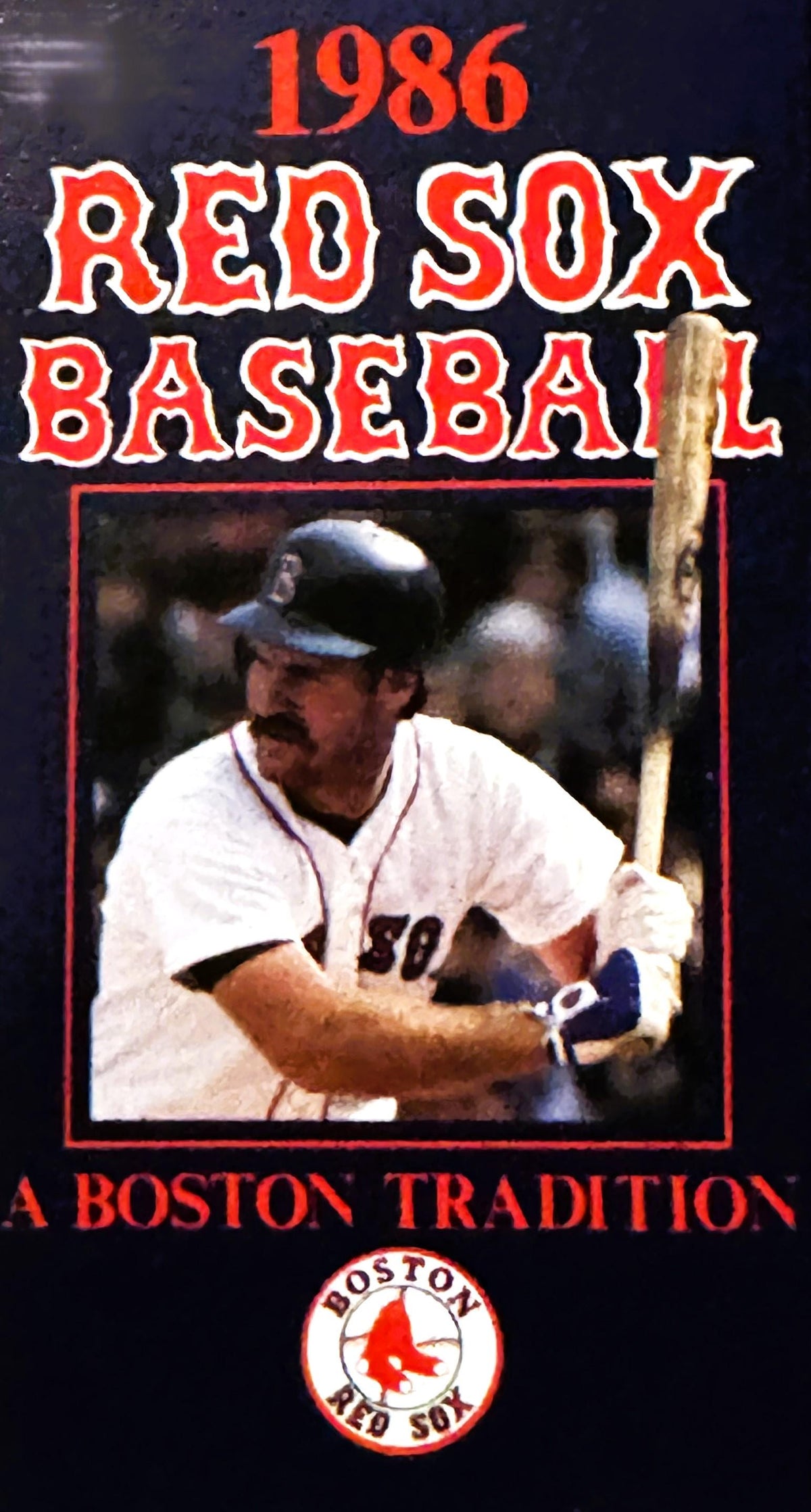 1986 Red Sox Baseball schedule cover featuring Wade Boggs in batting stance wearing white uniform and helmet, red text on dar