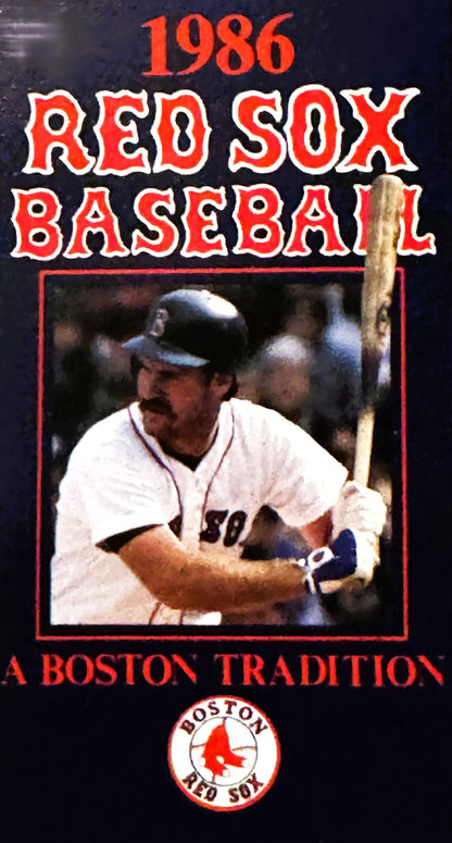 1986 Red Sox Baseball schedule cover featuring Wade Boggs in batting stance wearing white uniform and helmet, red text on dar