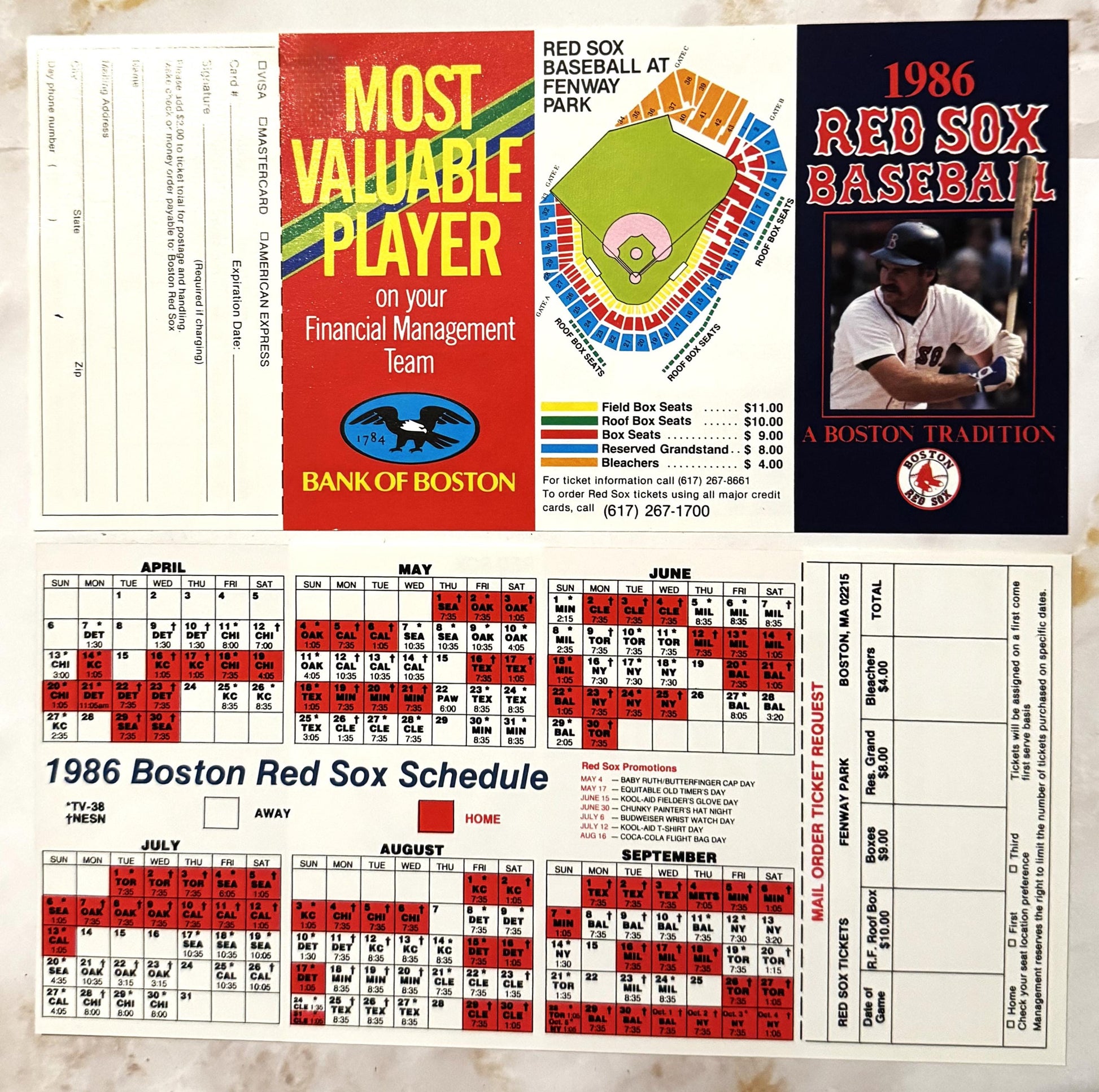 Vintage 1986 Boston Red Sox schedule and ticket order form featuring Wade Boggs photo, Fenway Park seating chart, and Bank of