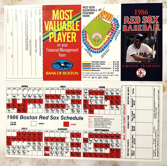 Vintage 1986 Boston Red Sox schedule and ticket order form featuring Wade Boggs photo, Fenway Park seating chart, and Bank of
