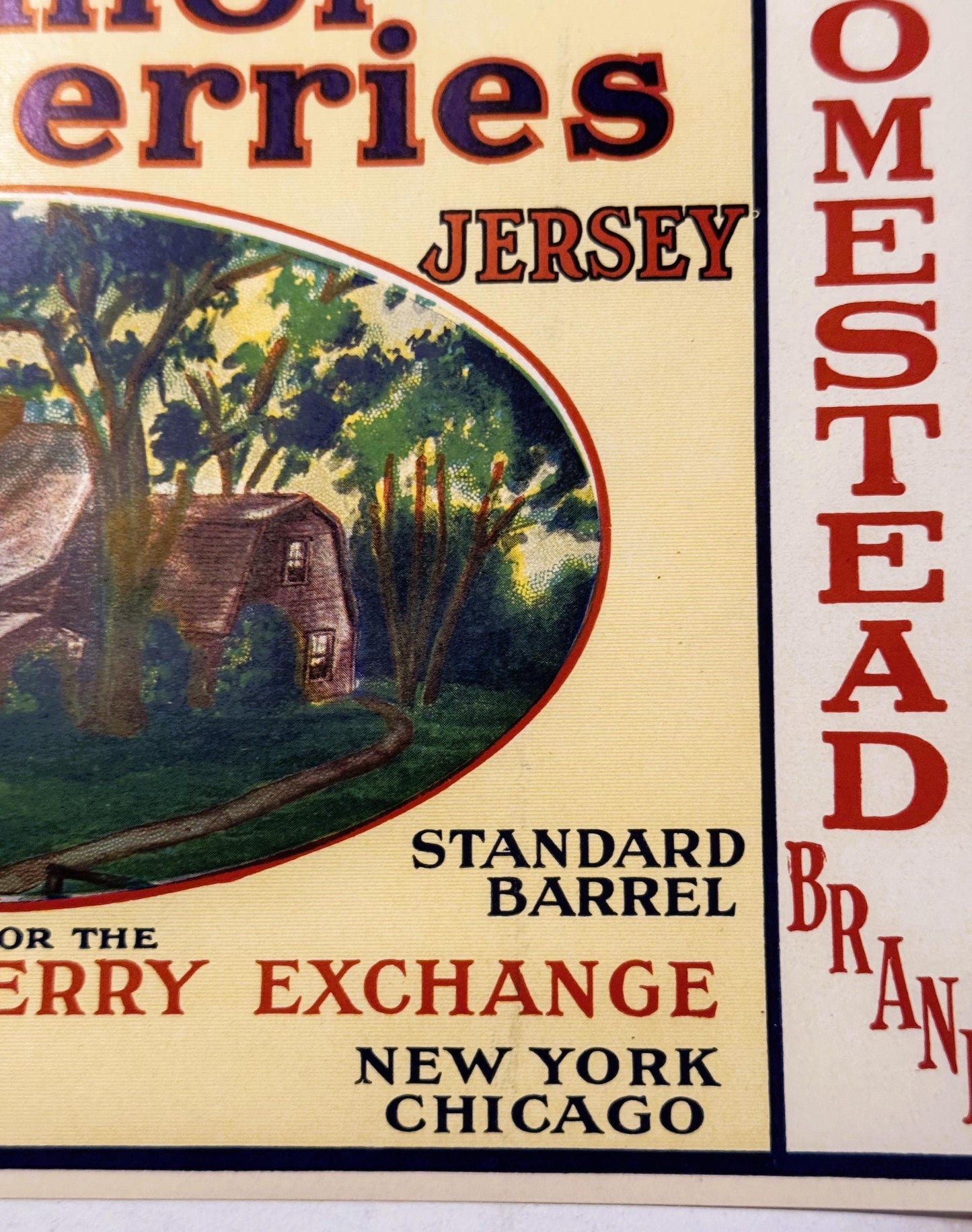 Vintage cranberry barrel label featuring a cottage scene, text reading "Homestead" and "Jersey" with "Standard Barrel" and "B