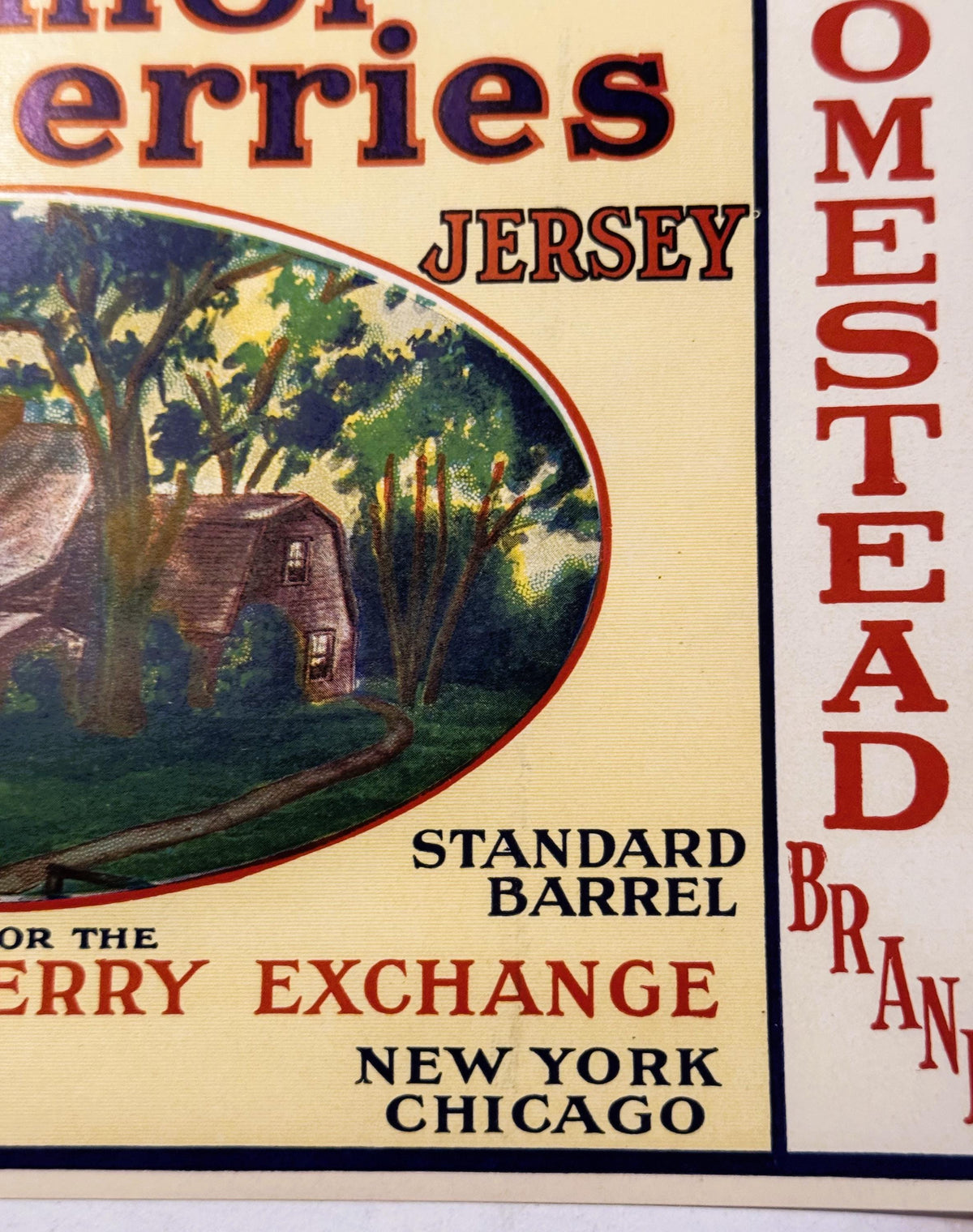 Vintage cranberry barrel label featuring a cottage scene, text reading "Homestead" and "Jersey" with "Standard Barrel" and "B