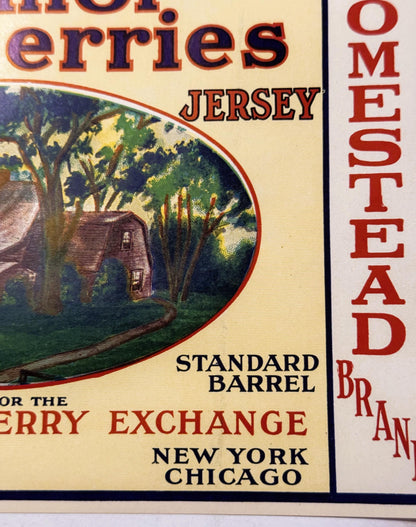 Vintage cranberry barrel label featuring a cottage scene, text reading "Homestead" and "Jersey" with "Standard Barrel" and "B