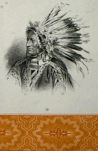 Engraved vignette of a Native American chief wearing an elaborate feathered headdress and decorated clothing, printed in blac
