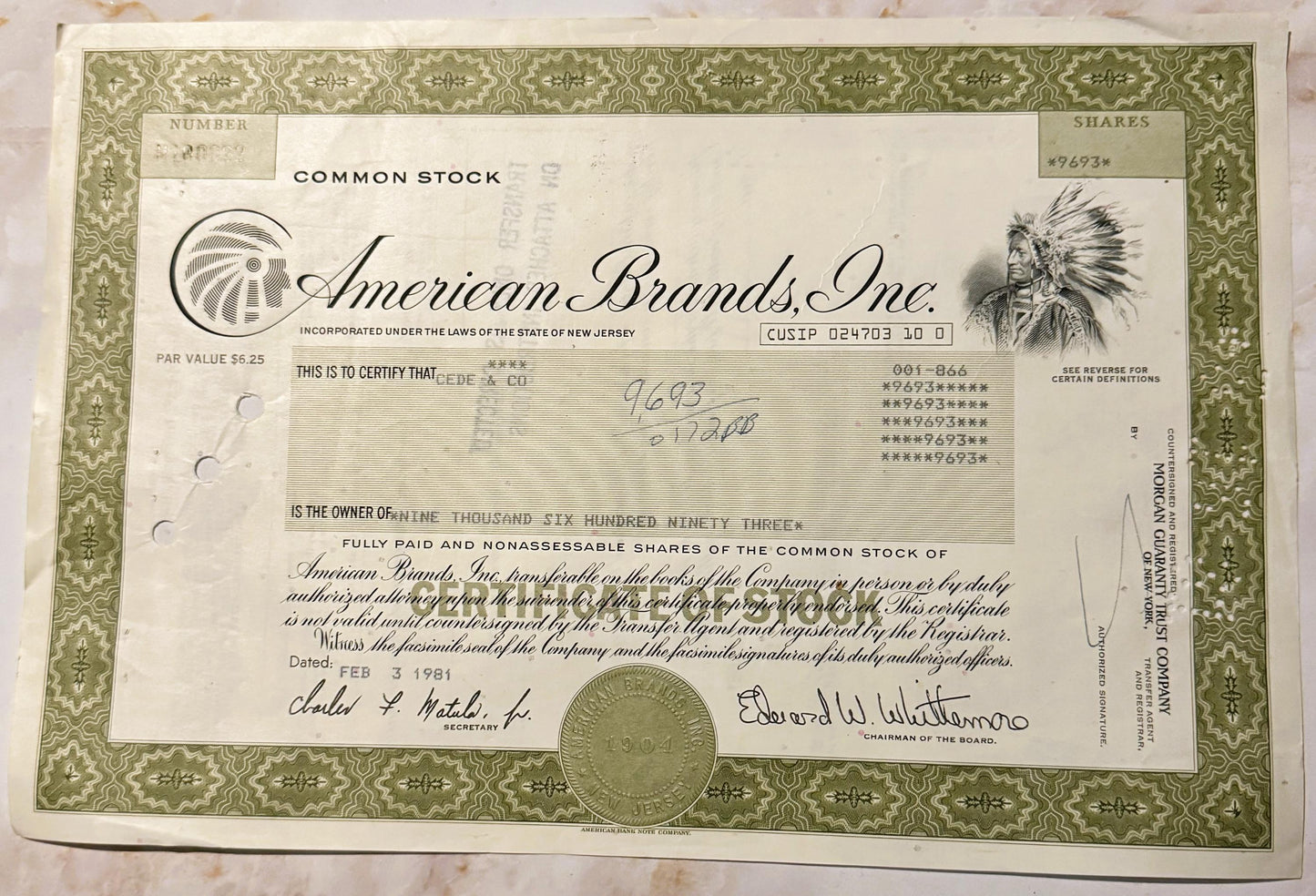 Vintage 1970s American Brands Inc. Stock Certificate 📜 Tobacco Americana! Green