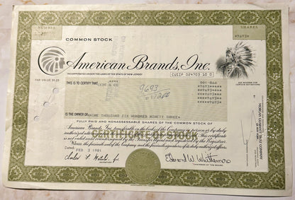 Vintage 1970s American Brands Inc. Stock Certificate 📜 Tobacco Americana! Green