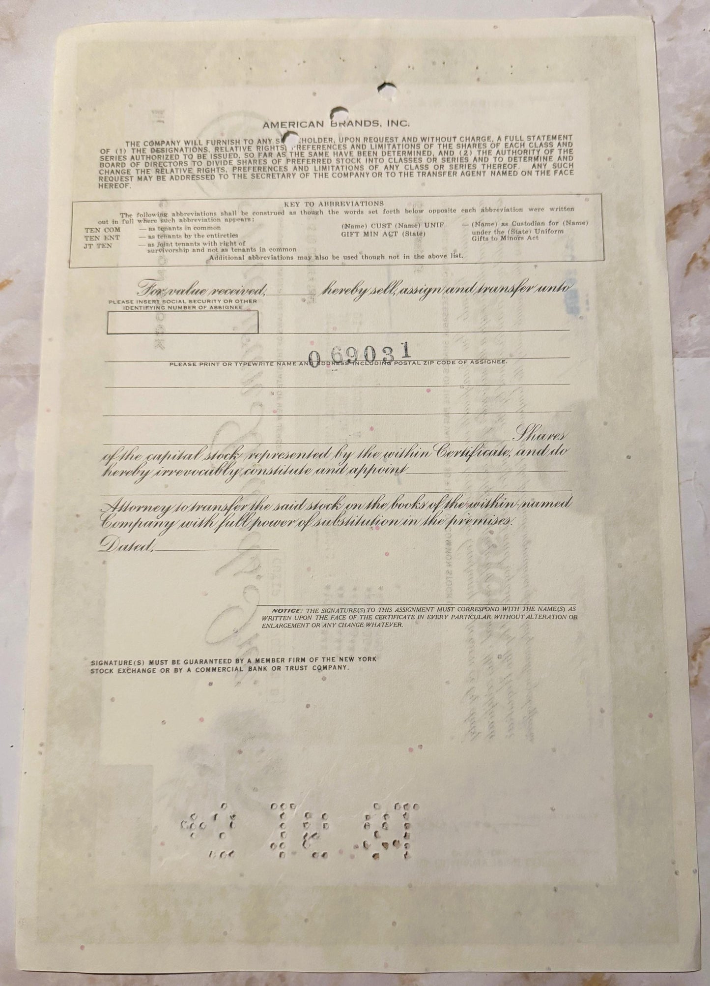 Vintage 1970s American Brands Inc. Stock Certificate 📜 Tobacco Americana! Green