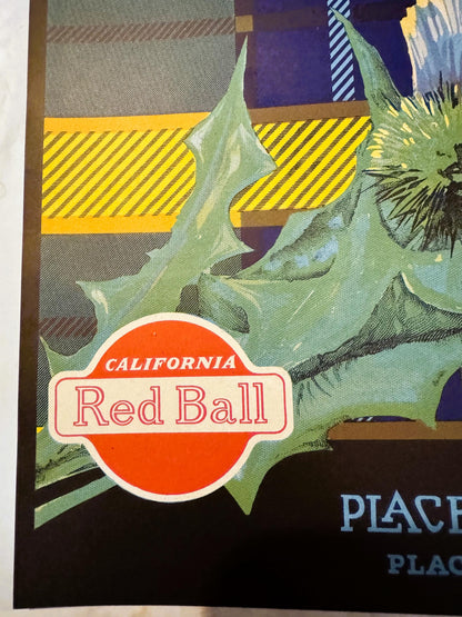 Vintage orange crate label featuring red "California Red Ball" badge with green leafy design and yellow striped background, p