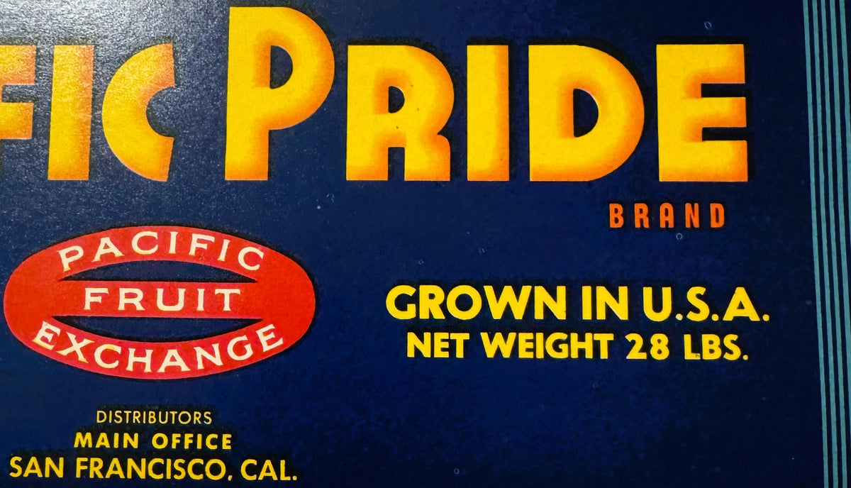 Vintage fruit crate label with bold yellow "FIC PRIDE" text on dark blue background, red "Pacific Fruit Exchange" oval logo, 