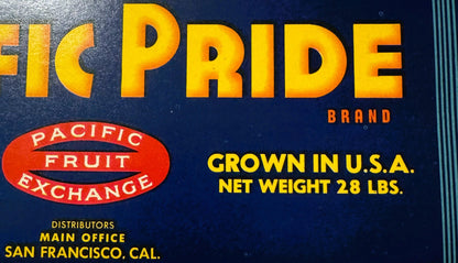 Vintage fruit crate label with bold yellow "FIC PRIDE" text on dark blue background, red "Pacific Fruit Exchange" oval logo, 