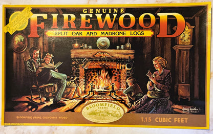 Vintage firewood crate label featuring a cozy fireplace scene with a family, gold lettering, and Bloomfield Farms branding fr