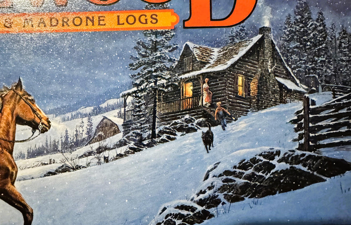 Vintage firewood crate label showing snowy log cabin scene with horse, people, and evergreen trees; "Madrone Logs" text visib