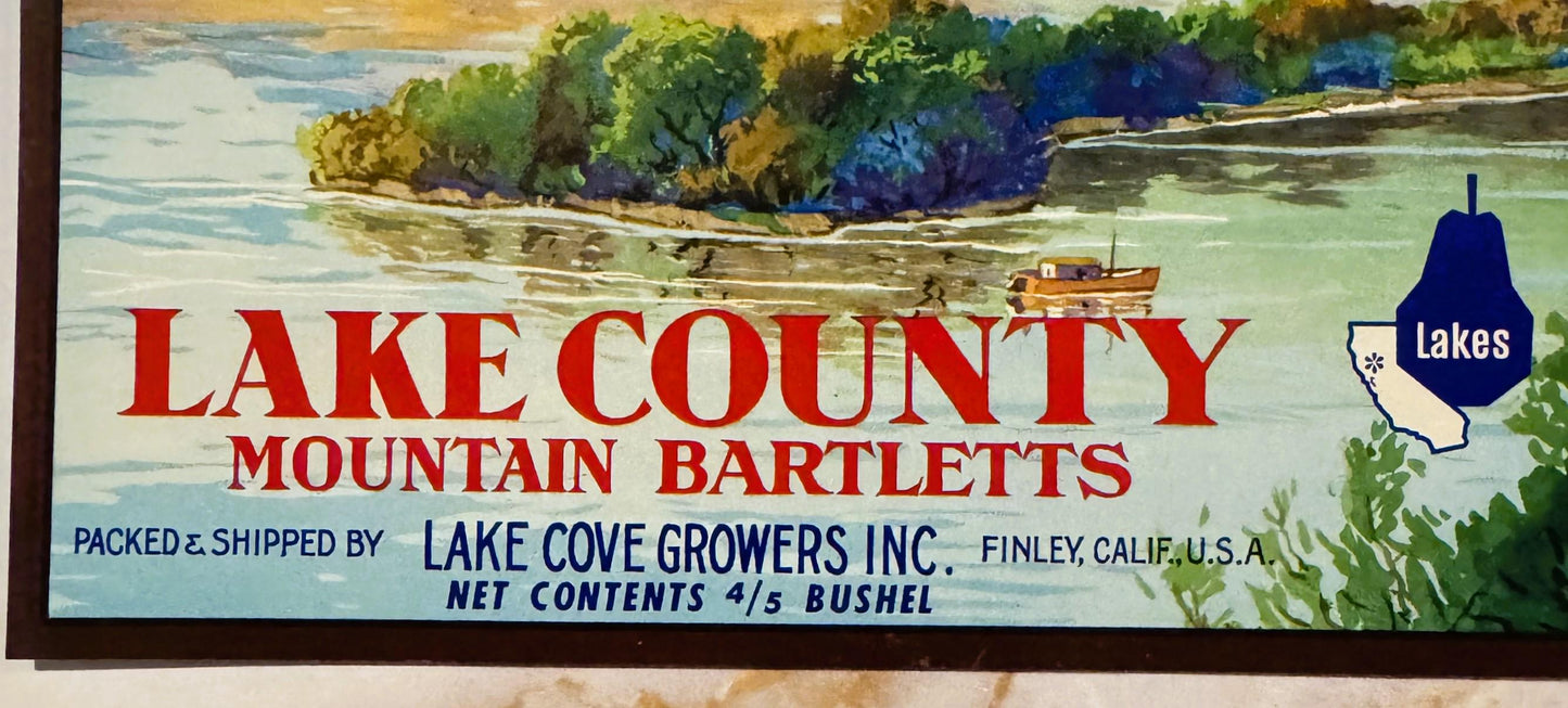 Vintage Lake County Mountain Bartletts crate label with red text, lake and forest watercolor scene, Lake Cove Growers Inc., F