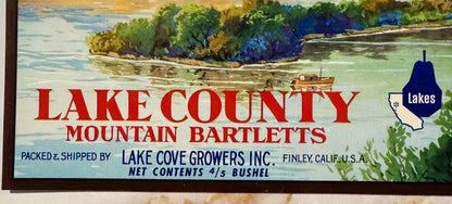 Vintage Lake County Mountain Bartletts crate label with red text, lake and forest watercolor scene, Lake Cove Growers Inc., F
