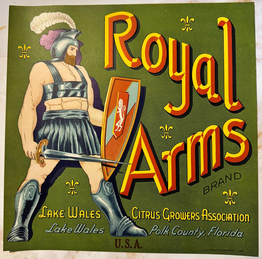 Antique Vintage 1930s Royal Arms Crate Label 🍎 Lake Wales, Polk County, FL