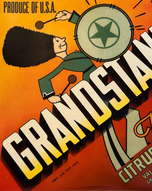 Vintage 1940s Grandstand Brand Texas Citrus Fruit Crate Label 🥁 — Valley Fruit Co., Pharr TX — Stecher-Traung Litho, Marching Band Art