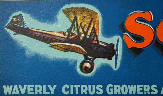 Vintage 1940s Seald-PeP Biplane Crate Label — Waverly Citrus Growers Assn., Waverly Polk Co. Florida