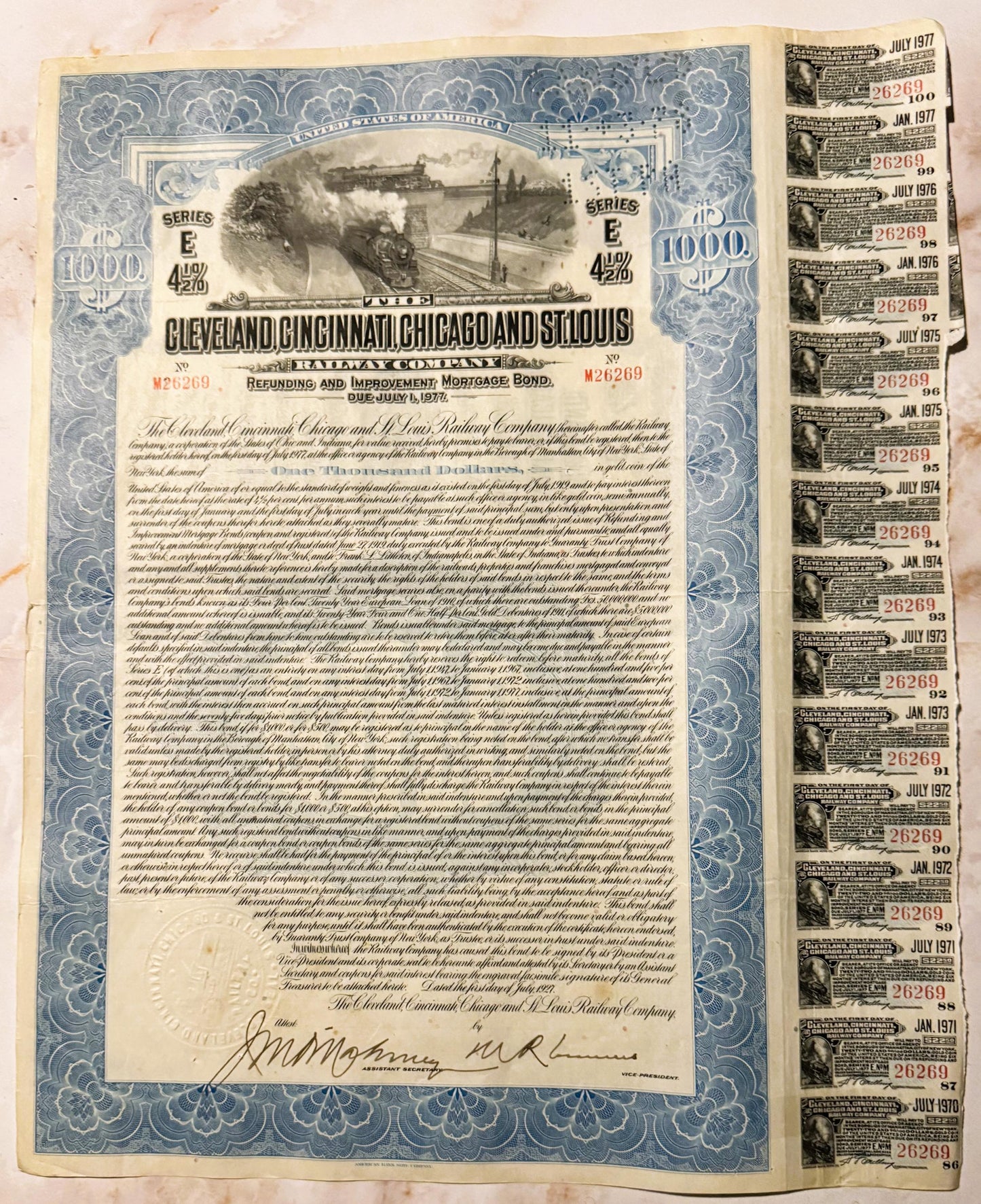 Antique railroad bond certificate with blue ornate border, steam locomotive vignette, and coupon stubs along right edge dated