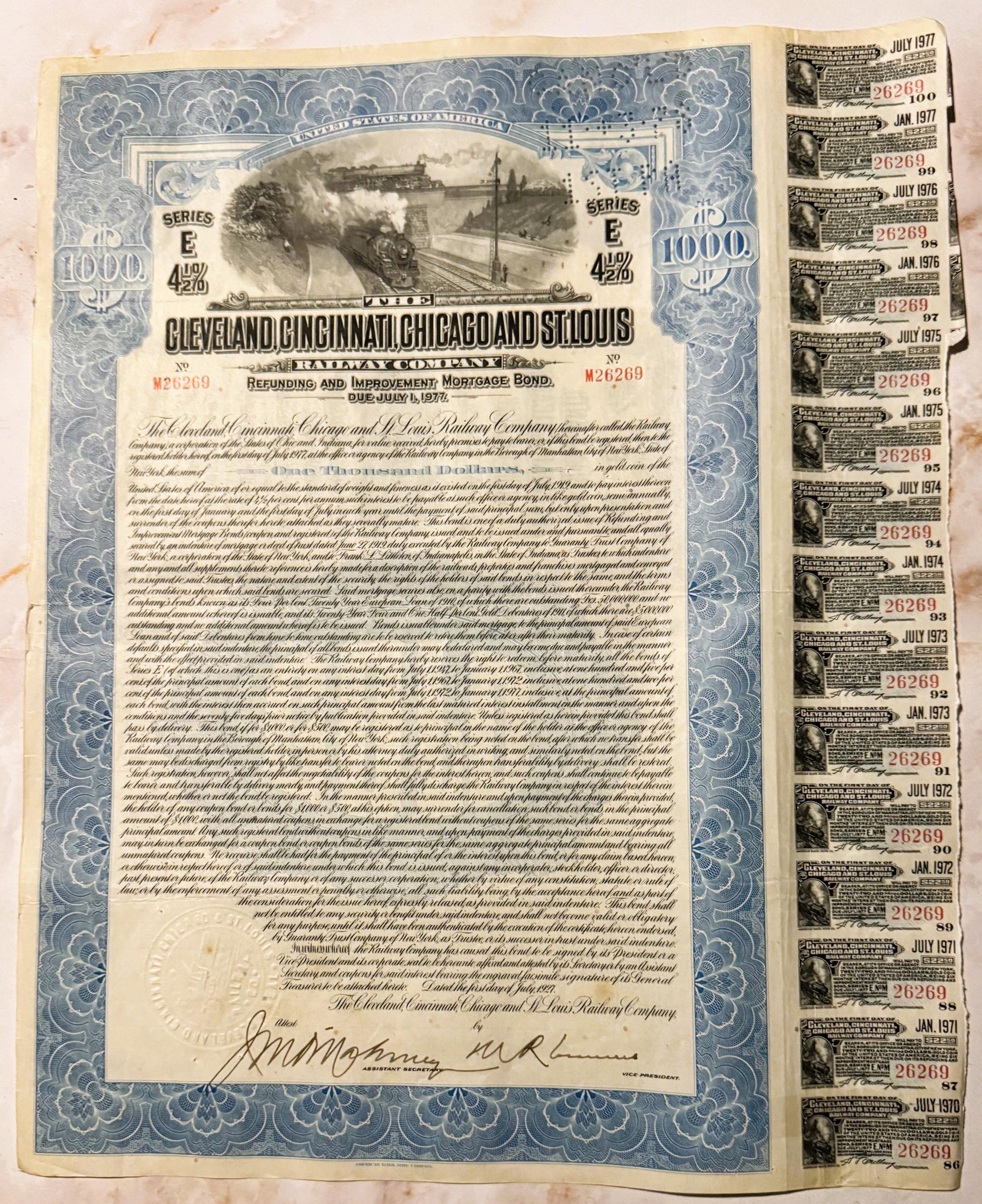 Antique railroad bond certificate with blue ornate border, steam locomotive vignette, and coupon stubs along right edge dated