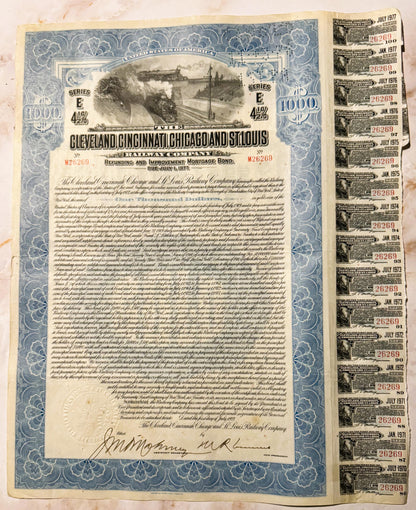 Antique railroad bond certificate with blue ornate border, steam locomotive vignette, and coupon stubs along right edge dated
