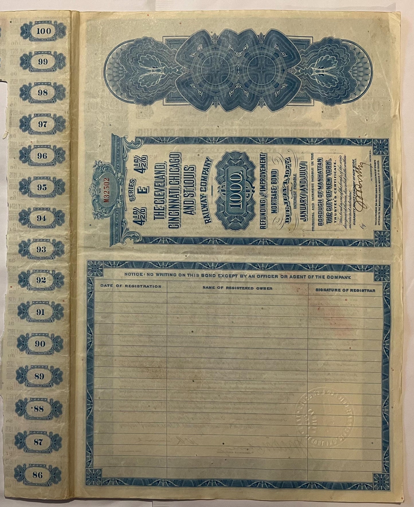 Antique railroad bond certificate with blue ornamental borders and numbered coupons 86-100 visible on left spine.