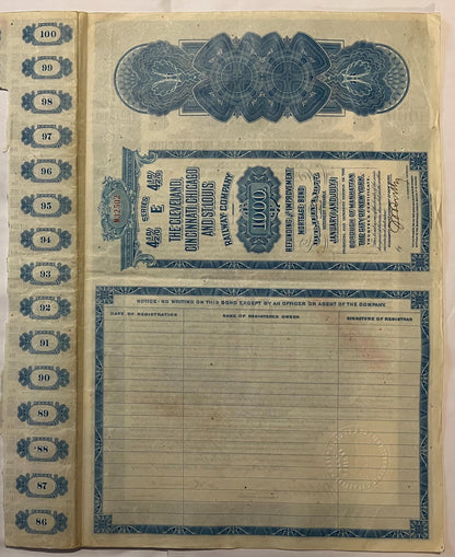Antique railroad bond certificate with blue ornamental borders and numbered coupons 86-100 visible on left spine.