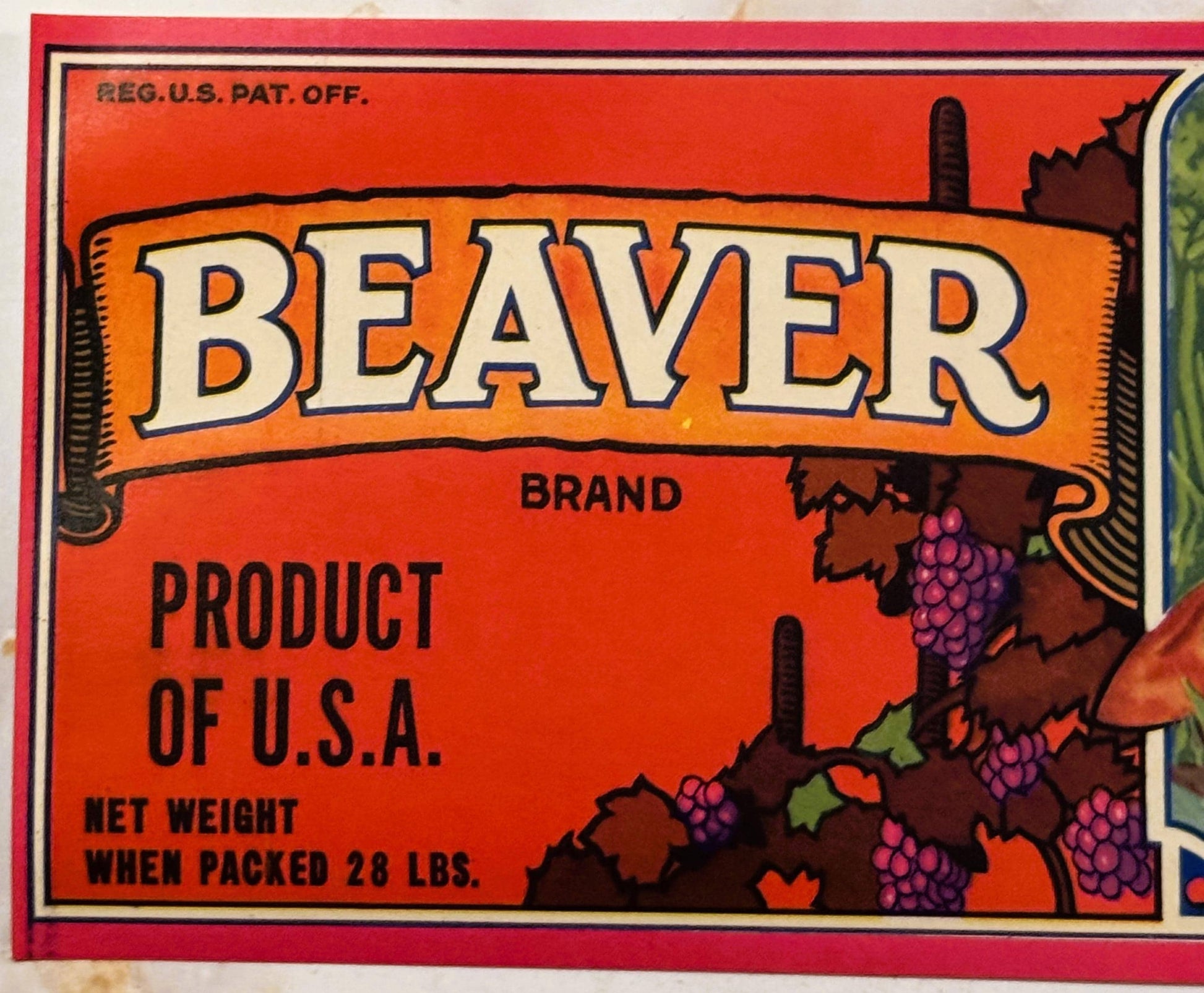 Vintage Beaver Brand fruit crate label with orange banner, red background, purple grapes, and "Product of U.S.A." text, net w