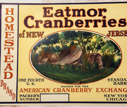 Vintage cranberry barrel label featuring a cottage farmhouse scene, orange and purple text on cream background, reading "Home