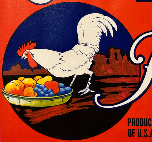 Antique 1930s Our Pick Brand Pears Crate Label 🍎 Loomis Fruit Growers Association, Loomis California, Rooster Rustic Farm Decor