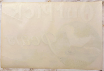 Back of the Our Pick Pears crate label: plain paper with Our Pick and Pears showing through faintly in reverse