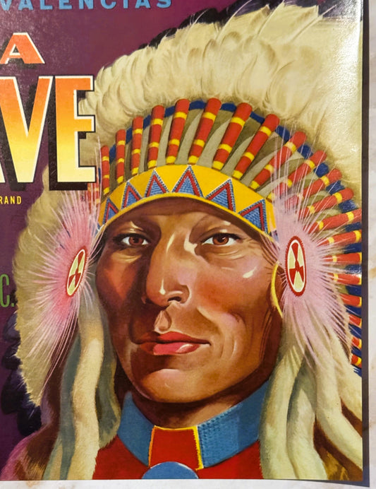 Vintage 1940s Sunkist Crate Label: Pala Brave Native American Chief 🍎