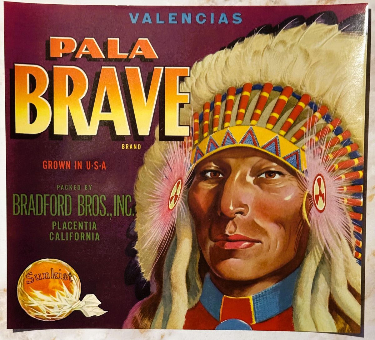 Vintage fruit crate label featuring a Native American chief in headdress with colorful feathers, titled "Pala Brave" in orang