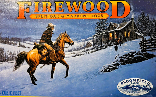Vintage 1978 Bloomfield Farms Firewood Crate Label Cowboy Cabin Snow Scene Santa Clara Valley California Advertising Ephemera 🍎
