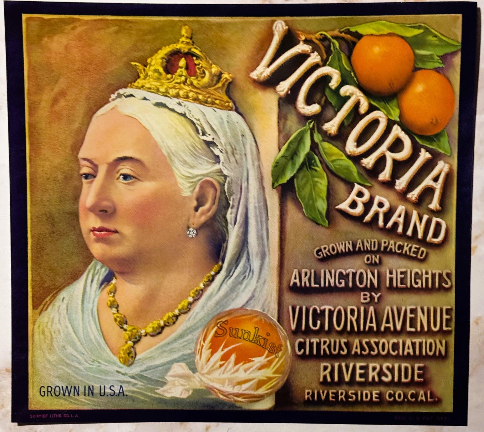 Vintage Victoria Sunkist citrus crate label featuring a crowned woman in profile, oranges, and text reading "Victoria Avenue 