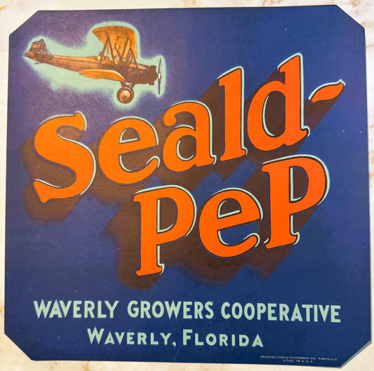 Vintage 1940s Seald-PeP Biplane Crate Label ✈️ — Waverly Growers Cooperative, Waverly FL — Brandau-Craig-Dickerson Litho, Nashville