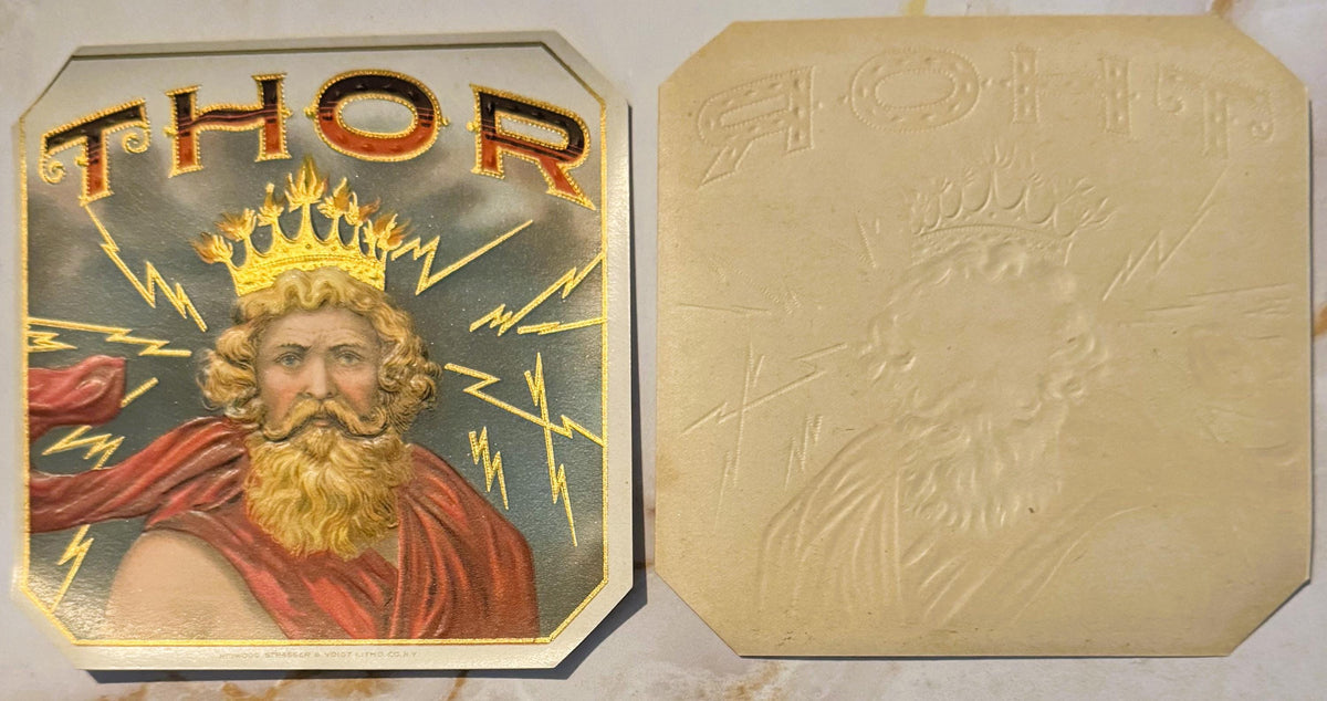 Front and back of antique Thor cigar label with gold-embossed lithograph showing bearded man in crown and red cape with light