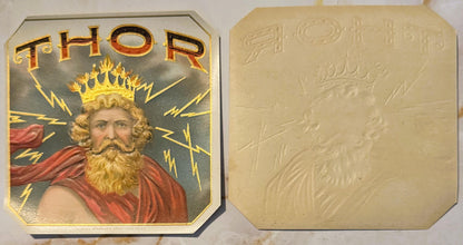 Front and back of antique Thor cigar label with gold-embossed lithograph showing bearded man in crown and red cape with light