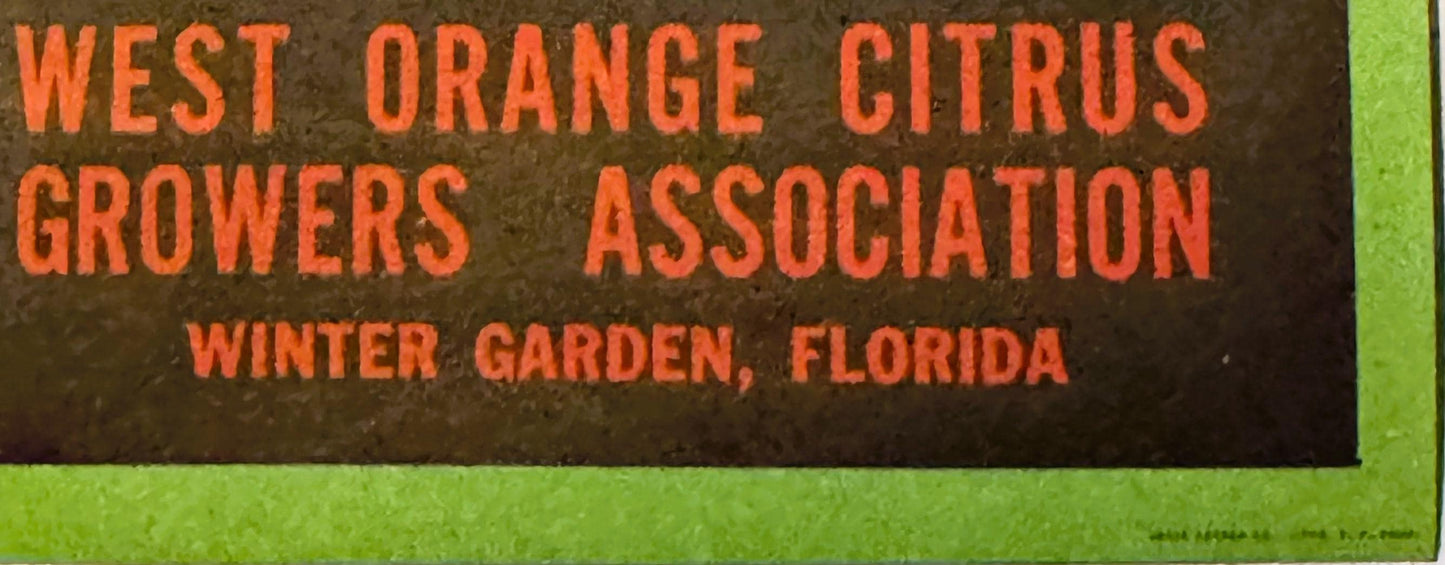Vintage citrus crate label with orange text on dark background reading "West Orange Citrus Growers Association Winter Garden,
